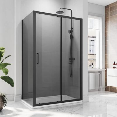 ELEGANT 1400 x 800mm Custom Size Black Sliding Shower Door With Side Panel 8mm Easy Clean Nano Glass Shower Enclosure